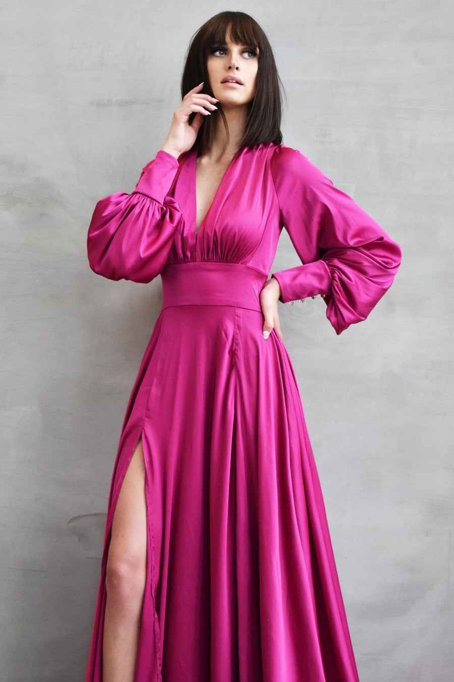 Stunning Long Sleeves Deep V Neck A Line Long Prom Dress With Front Split