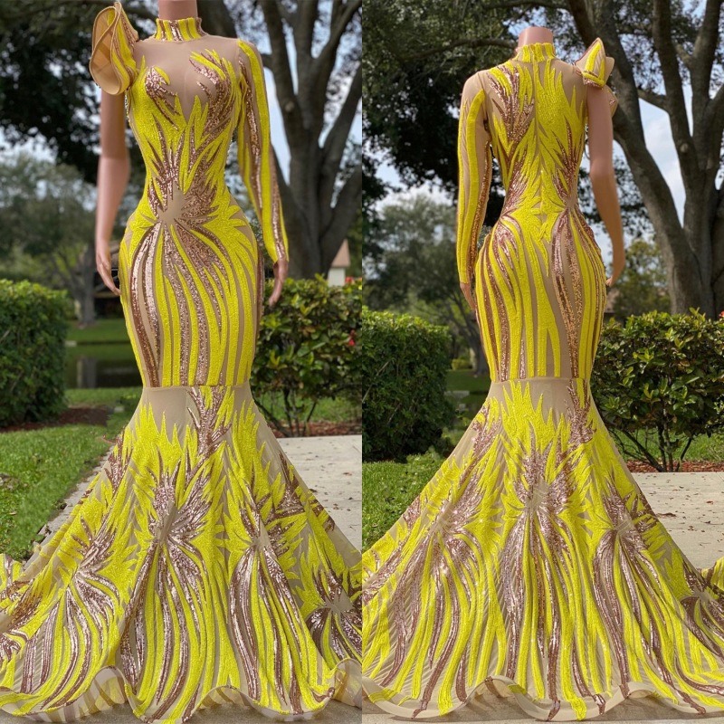 Light Yellow One-Shoulder Halter Mermaid Prom Dress with Classic Appliqueds BM bride