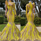 Light Yellow One-Shoulder Halter Mermaid Prom Dress with Classic Appliqueds BM bride