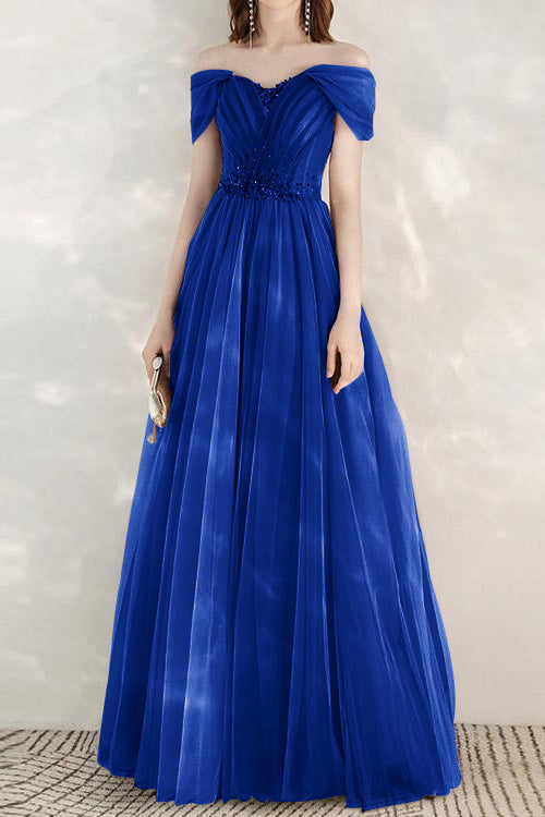 Elegant Infinity Tulle Off the Shoulder Sweetheart Long Prom Dress With Sequins BMBRIDE