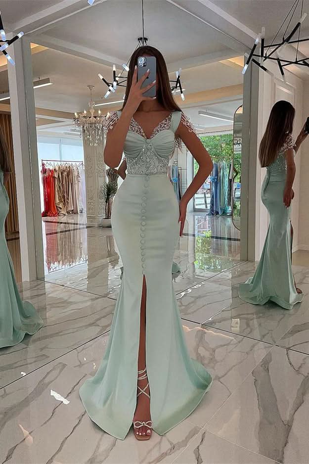 Amazing Mint Green Cap Sleeves Prom Dress Long with Buttons and Beads BM bride