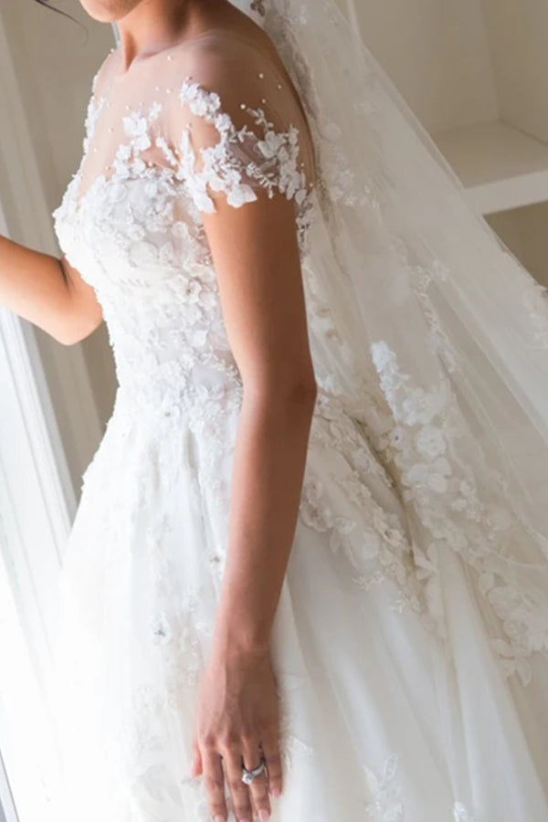 Gorgeous Jewel Neck Beaded Wedding Dress with Tulle and Lace Appliques BM bride