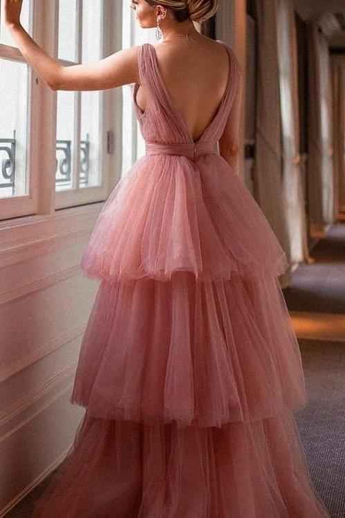 Tulle Straps V Neck Sleeveless Long Prom Dress With Ruffles