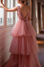 Tulle Straps V Neck Sleeveless Long Prom Dress With Ruffles