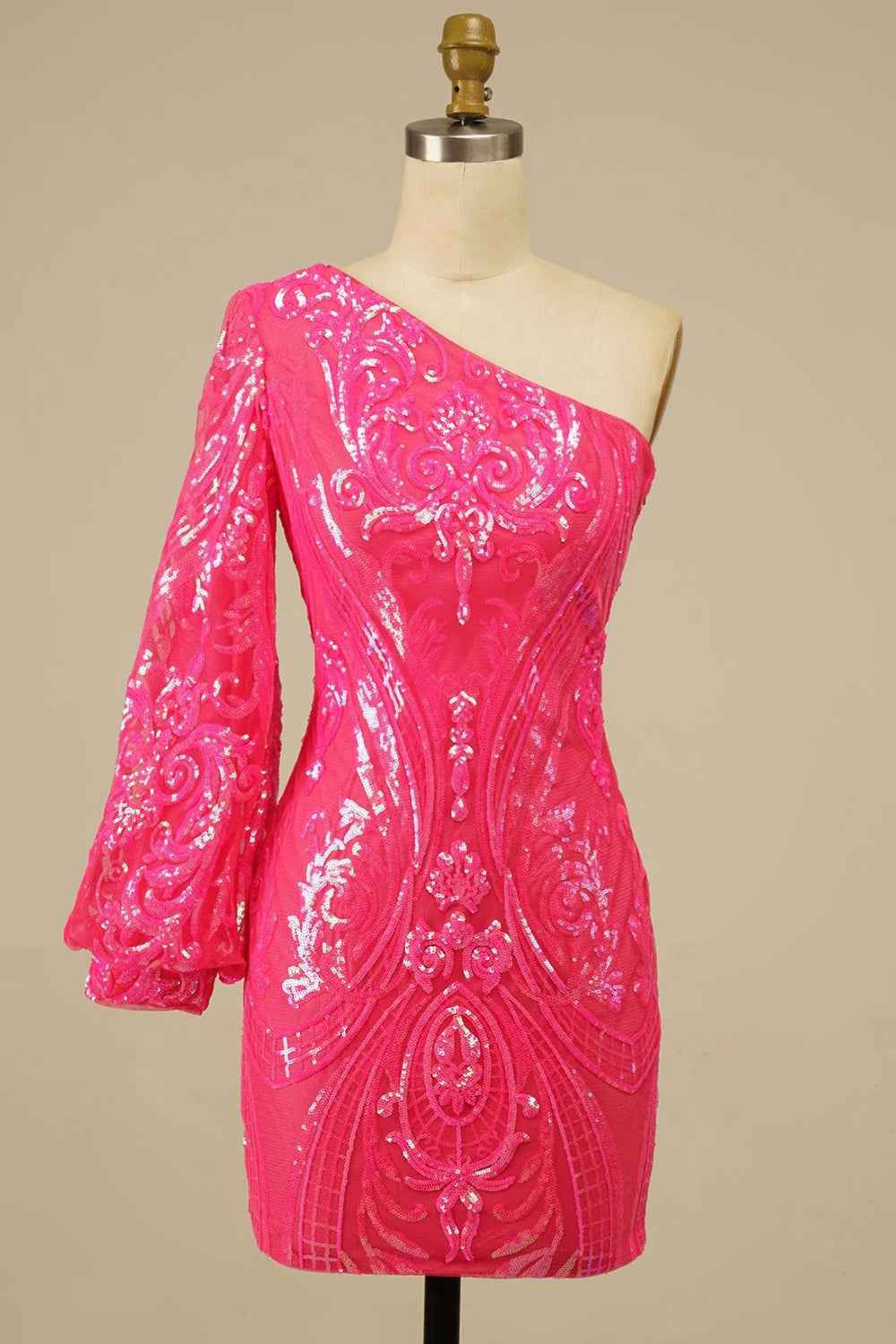 Hot Pink Beaded Sequins One Shoulder Tight Homecoming Dress Bmbride
