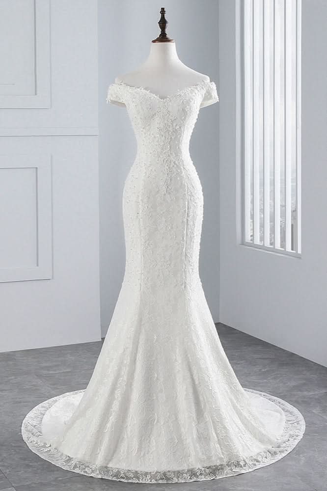 Off-the-Shoulder Long Mermaid Wedding Dress with Lace BM bride