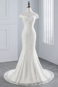 Off-the-Shoulder Long Mermaid Wedding Dress with Lace BM bride