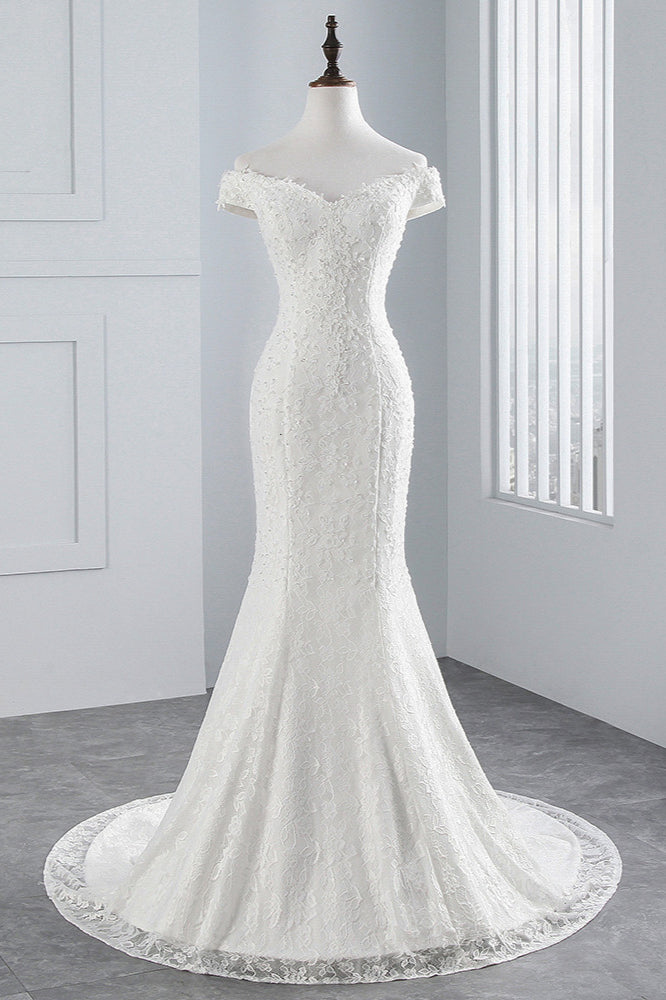 Off-the-Shoulder Long Mermaid Wedding Dress with Lace BM bride