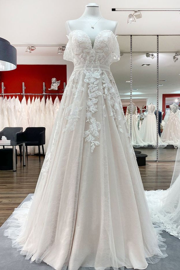 Sleeveless Off-the-Shoulder Long A-Line Wedding Dress with Tulle Lace Appliques BM bride