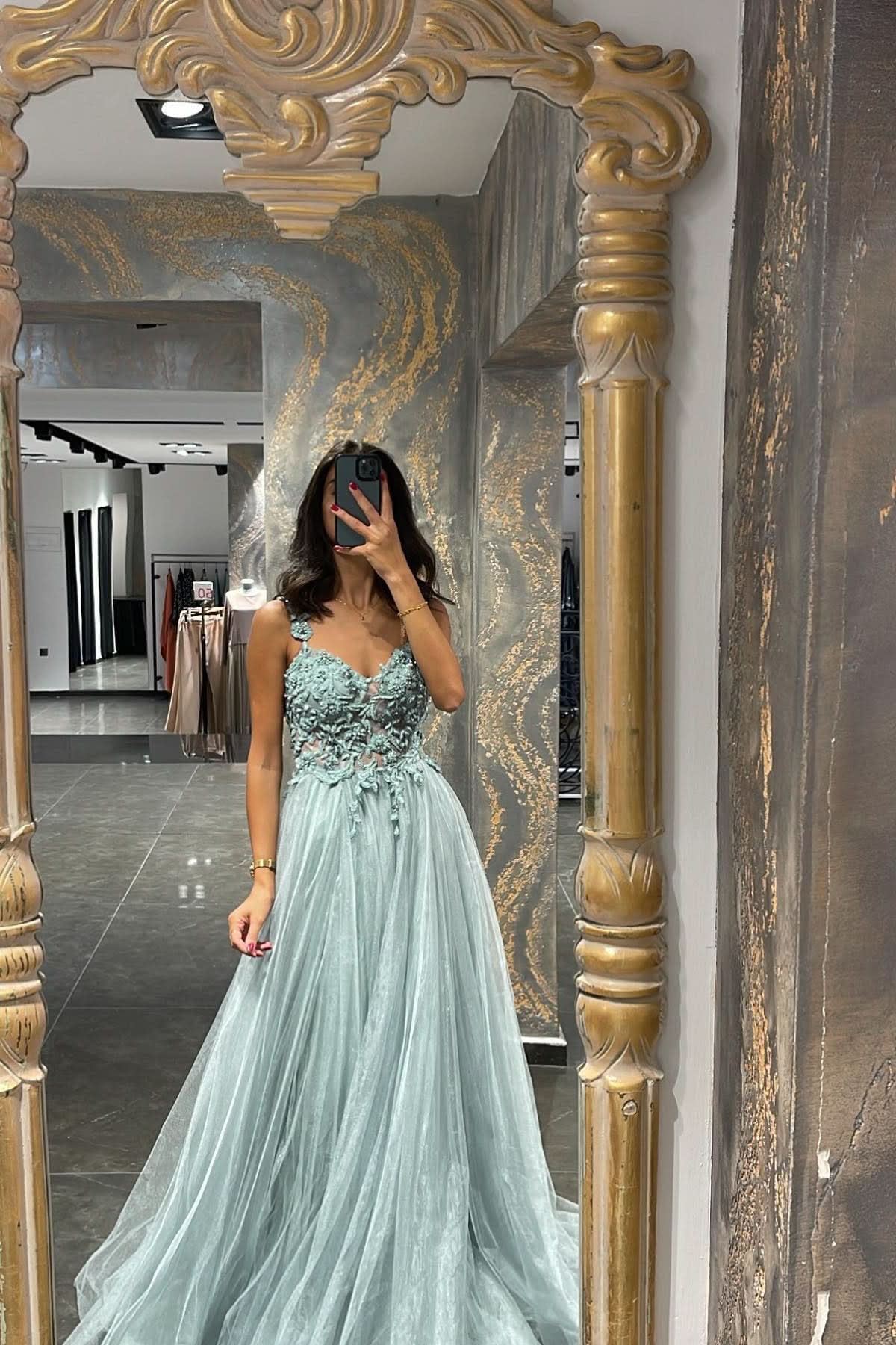 Elegant Spaghetti-Strap Mermaid Prom Dress with Appliques and Beadings BM bride