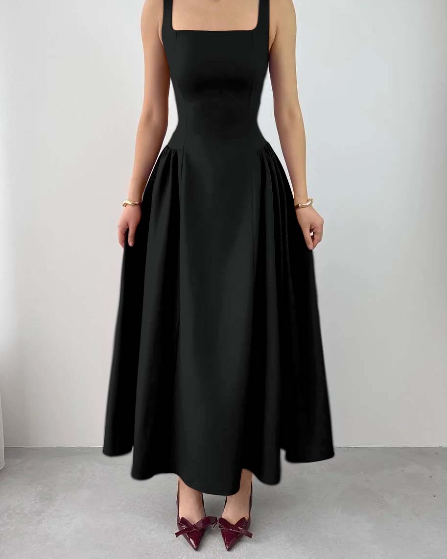 Sleeveless Square Neck Straps Tea Length Prom Dress With Pleated