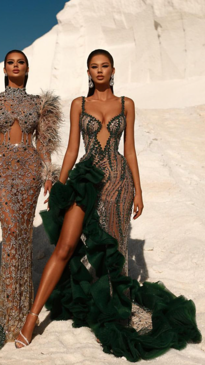 Green Sexy Prom Dress Long Sleeveless Slit Ruffle with Beads BM bride