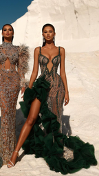 Green Sexy Prom Dress Long Sleeveless Slit Ruffle with Beads BM bride