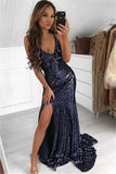 Dark Navy Sequins Prom Dress with V-Neck BM bride