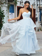 Baby Blue Long Tulle Prom Dress with Applique BM bride