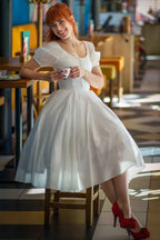 Chic White Bubble Sleeves Short A Line Prom Dress With Pleated BMBRIDE