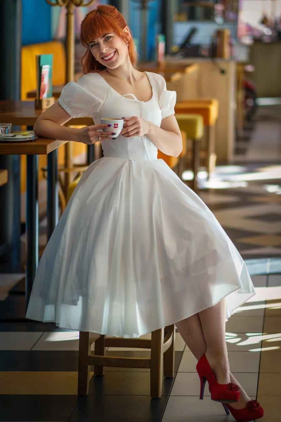 Chic White Bubble Sleeves Short A Line Prom Dress With Pleated BMBRIDE