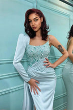 Elegant One-Shoulder Long Sleeve Sequined Mermaid Prom Dress with Split BM bride