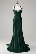 Halter Sleeveless Long Mermaid Prom Dress With Beading Pleated