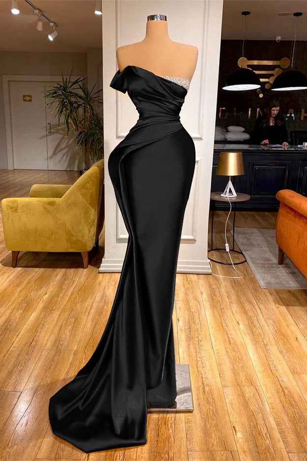 Long Red One Shoulder Strapless Prom Dress Pleated Mermaid With Beadings