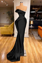 Long Red One Shoulder Strapless Prom Dress Pleated Mermaid With Beadings