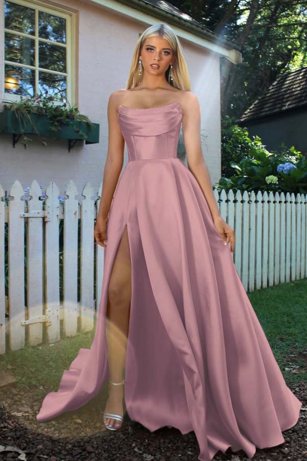 Strapless Sleeveless A Line Long Prom Dress With Split Pleated BMBRIDE