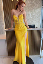 Charming Yellow Strapless Sleeveless Pleated Split Prom Dress With Embroidery