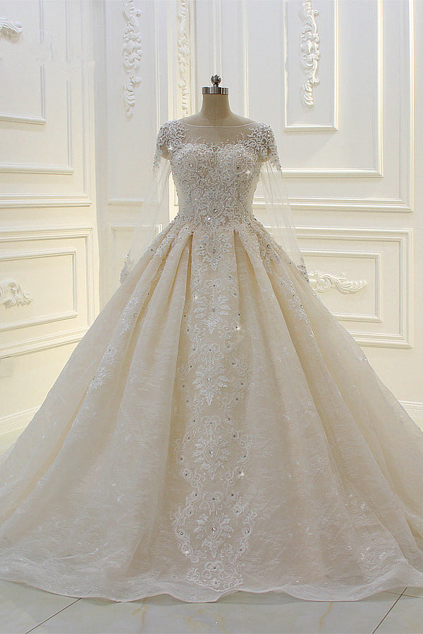 Bateau Long Sleeve Beaded Ball Gown Wedding Dress with Lace Appliques BM bride