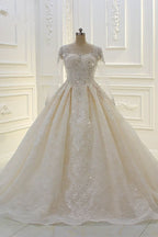 Bateau Long Sleeve Beaded Ball Gown Wedding Dress with Lace Appliques BM bride