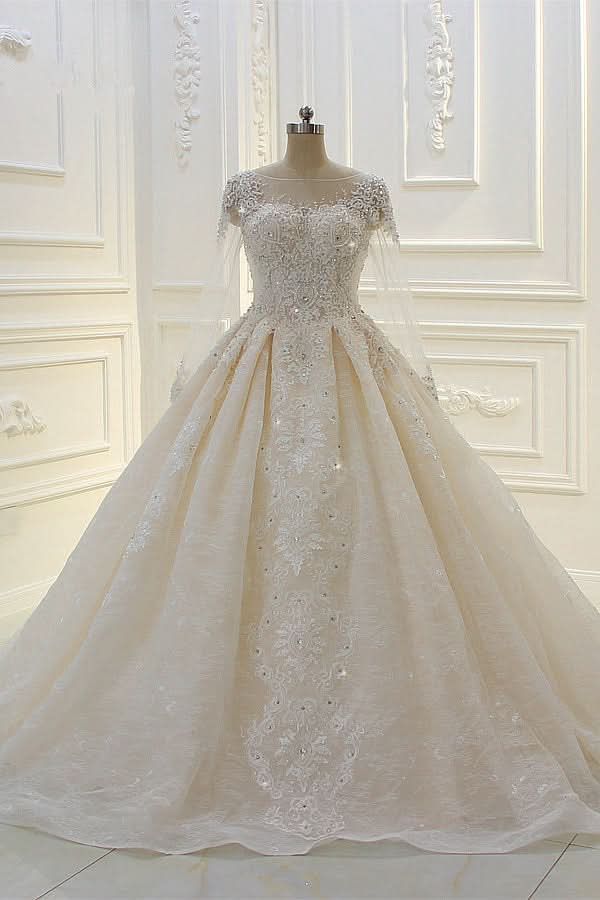 Bateau Long Sleeve Beaded Ball Gown Wedding Dress with Lace Appliques BM bride