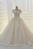 Bateau Long Sleeve Beaded Ball Gown Wedding Dress with Lace Appliques BM bride
