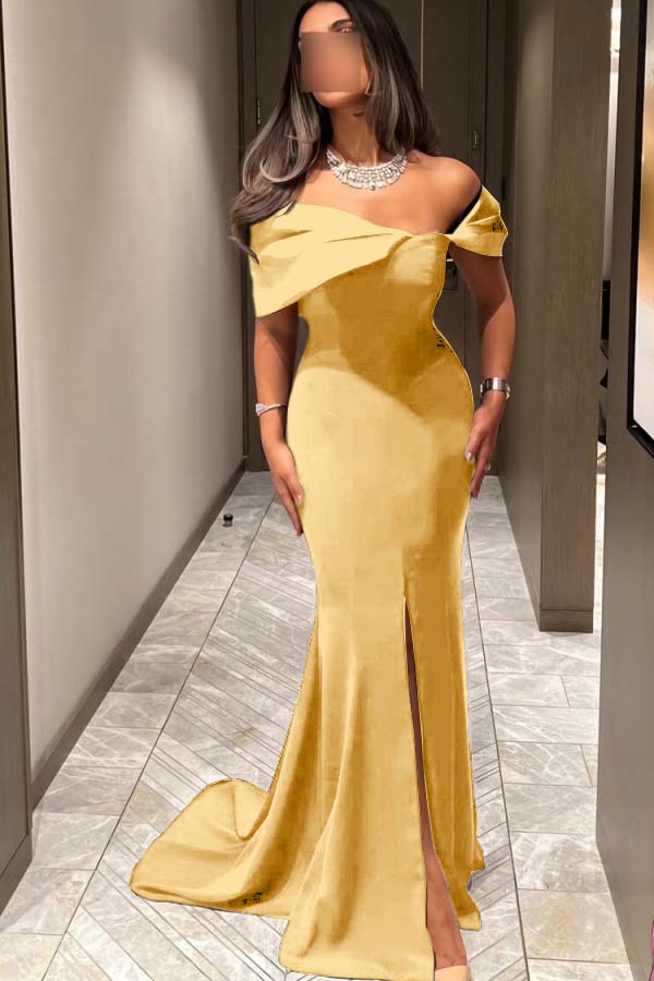 Off the Shoulder Sleeveless Long Mermaid Prom Dress With Pleated BMBRIDE