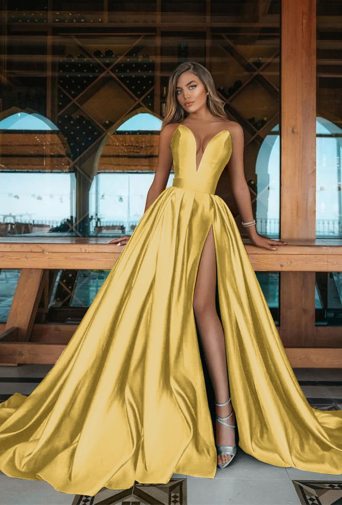 Long Deep V Neck Sleeveless Emerald A Line Green Prom Dress With Side Split