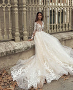 Gorgeous Bateau Long Sleeve Train A-Line Wedding Dress with Lace Appliques BM bride
