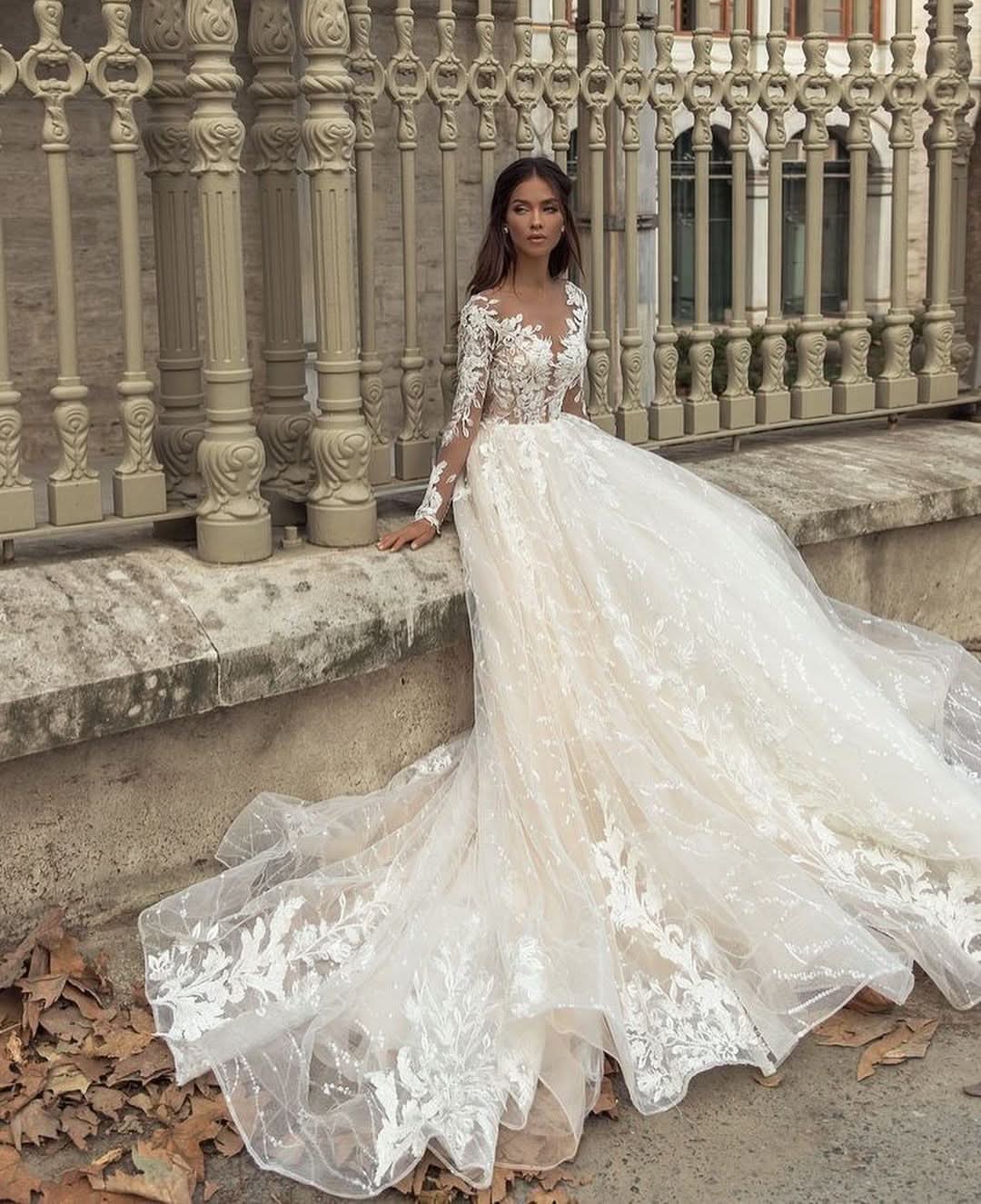 Gorgeous Bateau Long Sleeve Train A-Line Wedding Dress with Lace Appliques BM bride