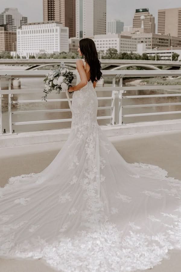 Elegant V-Neck Spaghetti Strap Backless Long Mermaid Wedding Dress with Lace BM bride
