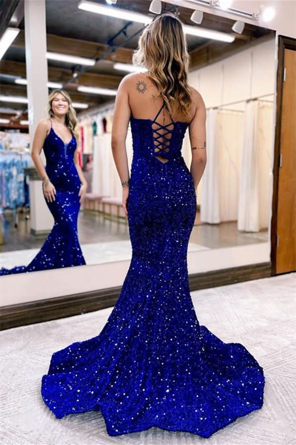 Royal Blue Sequins Spaghetti Strap Long Mermaid Evening Dress BM bride