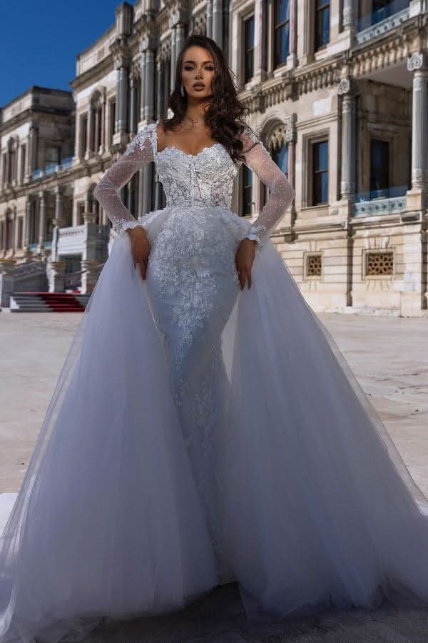 Gorgeous Sweetheart Long Sleeve Lace Mermaid Wedding Dress with Detachable Train BM bride