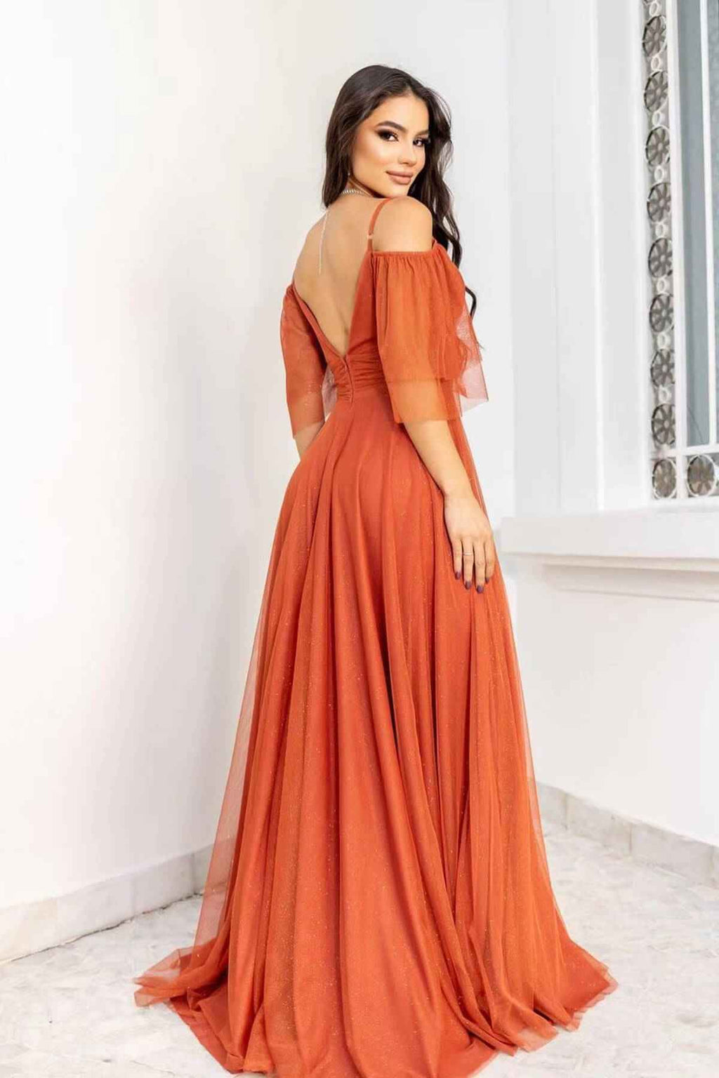 Chic Tulle Spaghetti Strap Deep V Neck Boho Prom Dress A Line With Sequins
