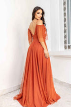 Chic Tulle Spaghetti Strap Deep V Neck Boho Prom Dress A Line With Sequins