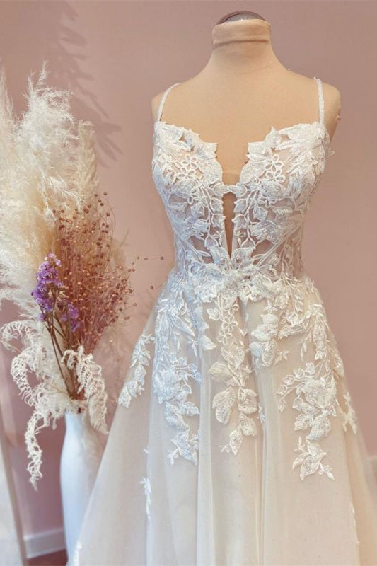 Spaghetti Strap Tulle A-Line Wedding Dress with Lace BM bride