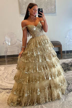 Enchanting Princess Off-the-Shoulder Sequined Lace Prom Dress BM bride