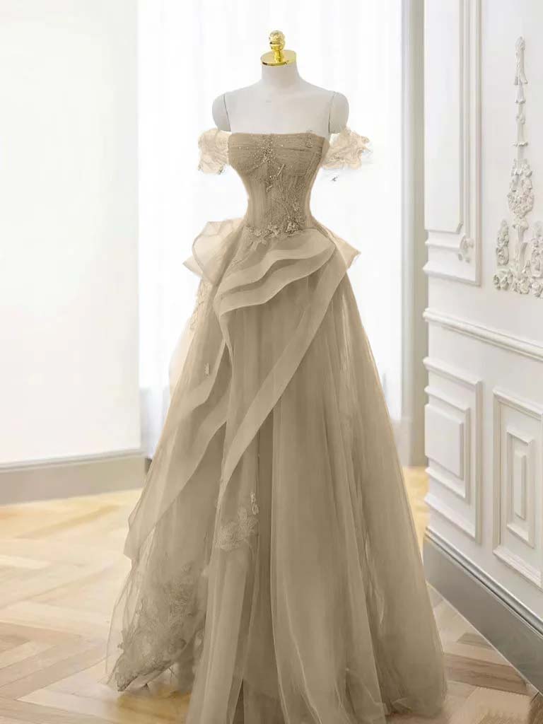 Tulle Off the Shoulder Sleeveless Long Prom Dress With Appliques BMBRIDE