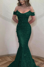 Orange Mermaid Off-The-Shoulder Prom Dress with Sequins BM bride