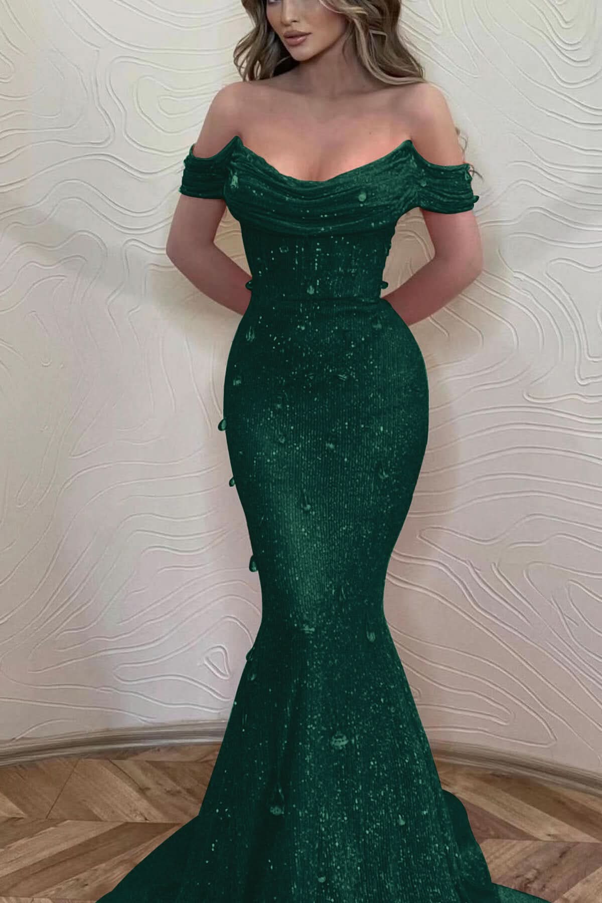 Orange Mermaid Off-The-Shoulder Prom Dress with Sequins BM bride