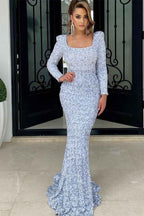 Long Sleeves Square Neck Mermaid Ruffles Silver Prom Dress With Sequins
