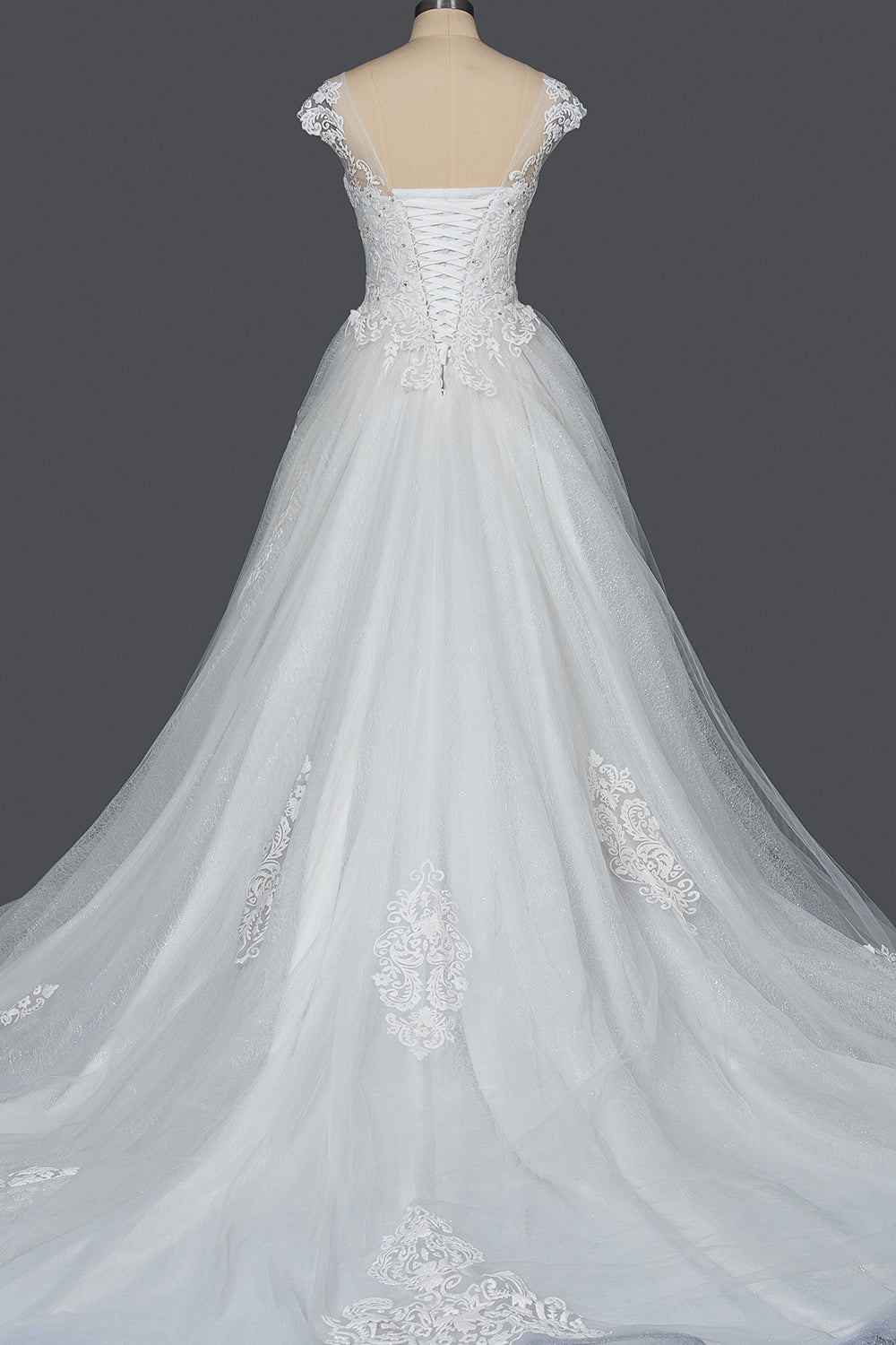 Elegant Cap Sleeve Sheer Tulle Ball Gown Wedding Dress with Lace V-Neck BM bride