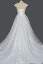 Elegant Cap Sleeve Sheer Tulle Ball Gown Wedding Dress with Lace V-Neck BM bride