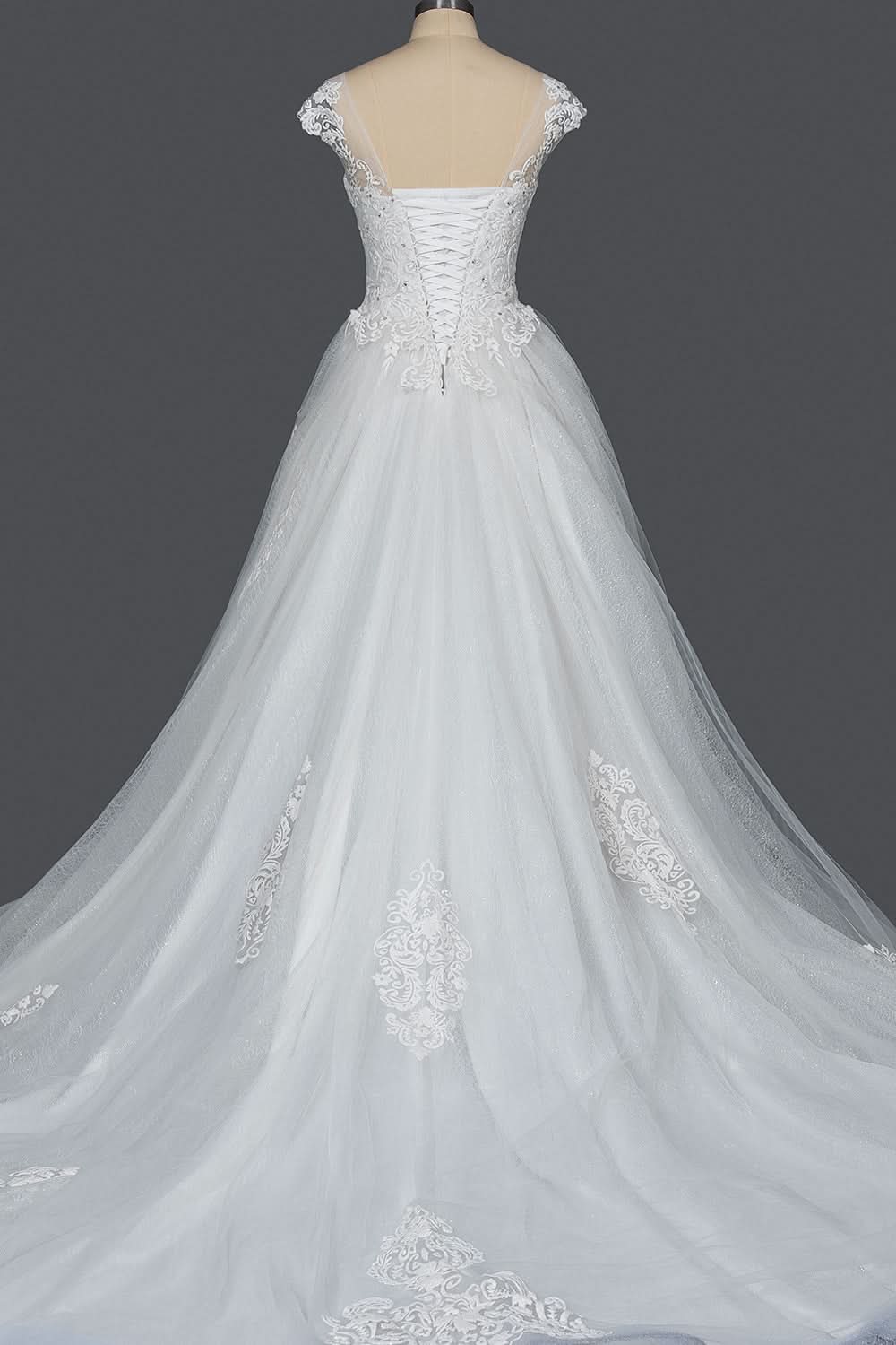 Elegant Cap Sleeve Sheer Tulle Ball Gown Wedding Dress with Lace V-Neck BM bride