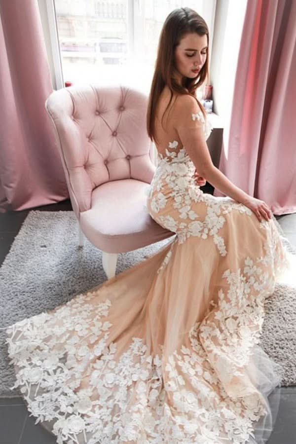 Vintage Off-the-Shoulder Backless Floor-Length Mermaid Wedding Dress with Lace Appliques BM bride